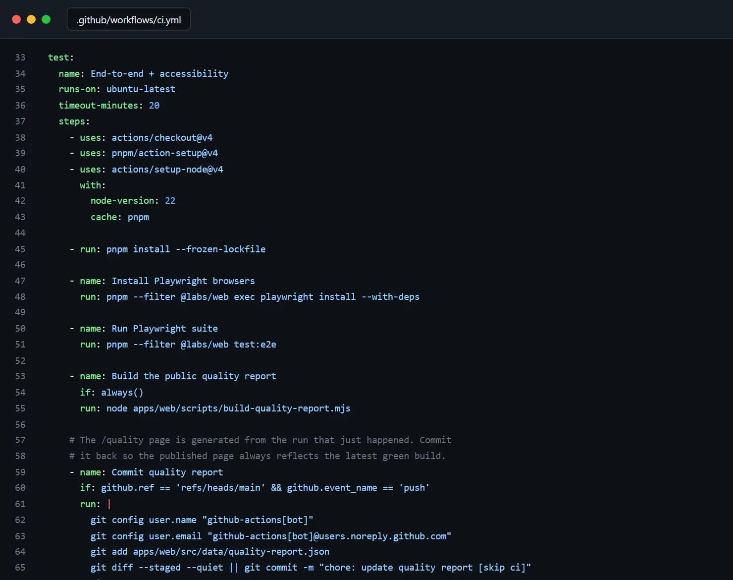 GitHub Actions workflow file with an end-to-end and accessibility job that installs Playwright and runs the suite.