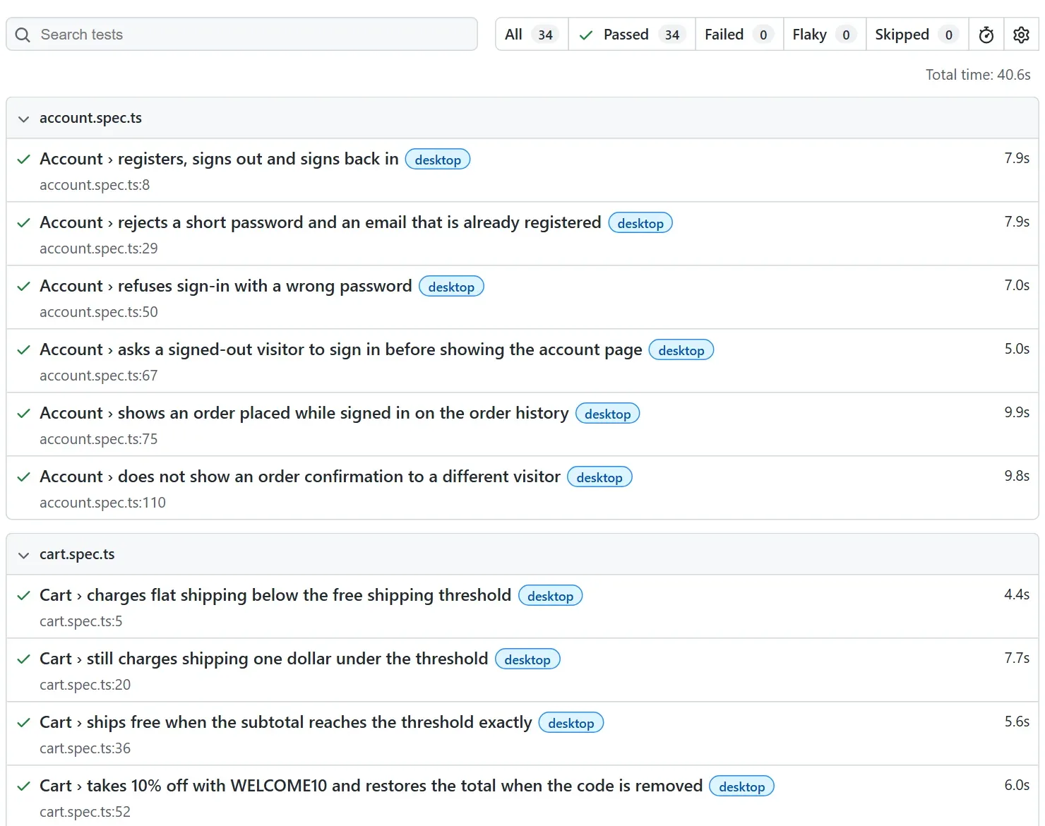 Playwright HTML report: 34 tests, 34 passed, 0 failed, 0 flaky, total time 40.6 seconds.